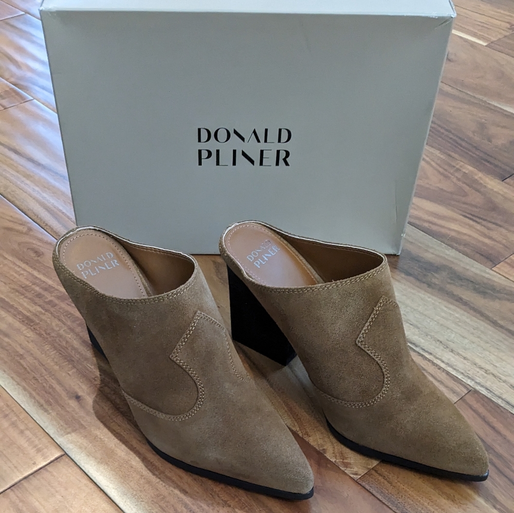 Donald J. Pliner Taupe Suede Block Heel Mules - Picture 2 of 9
